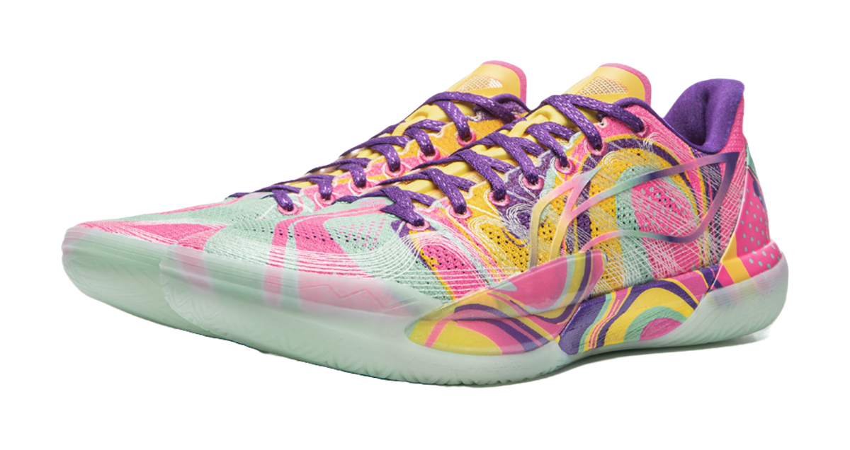 Colorful basketball shoe with purple laces, mesh upper, teal-yellow accents, mint sole.
