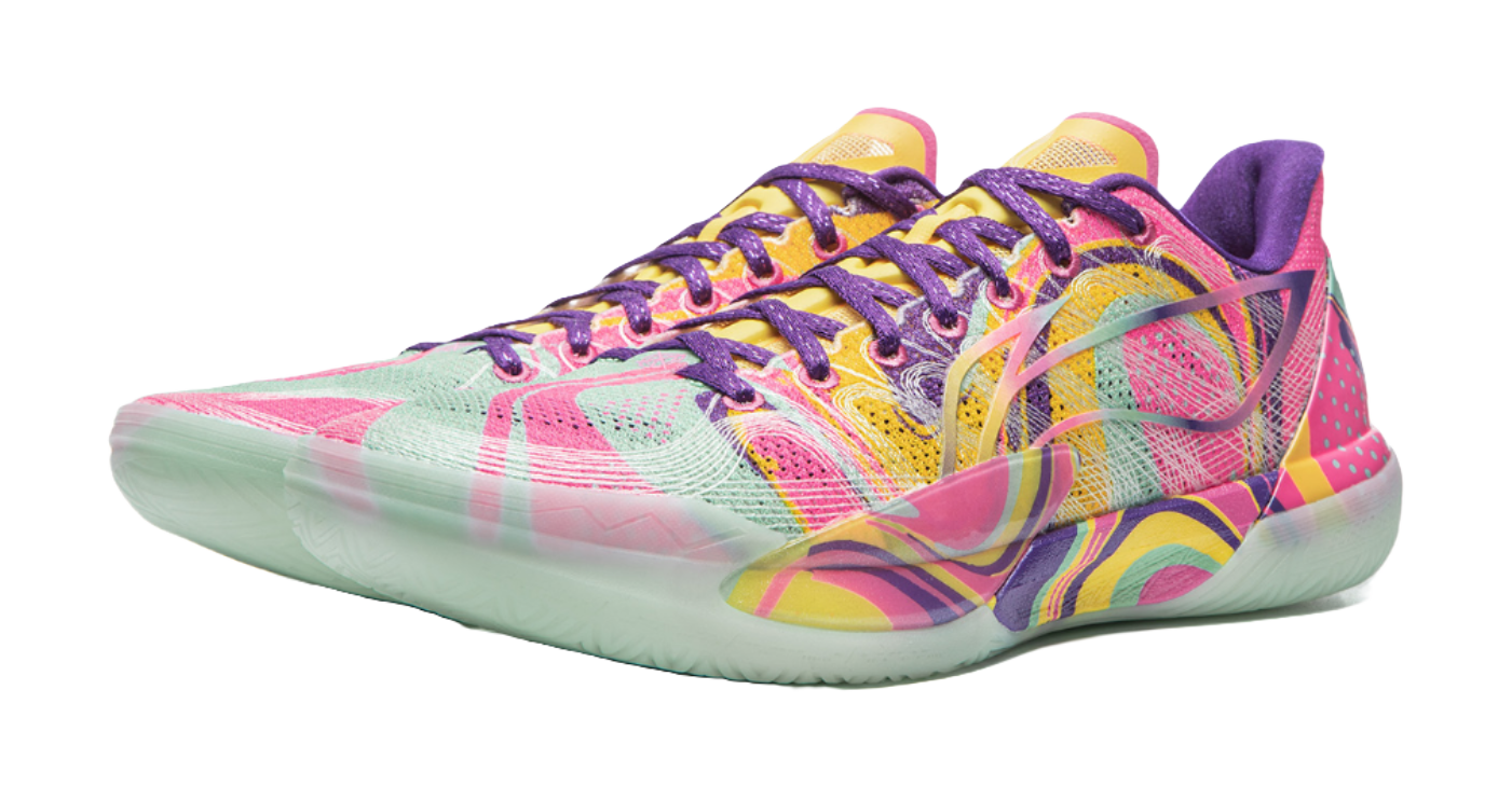Colorful basketball shoe with purple laces, mesh upper, teal-yellow accents, mint sole.