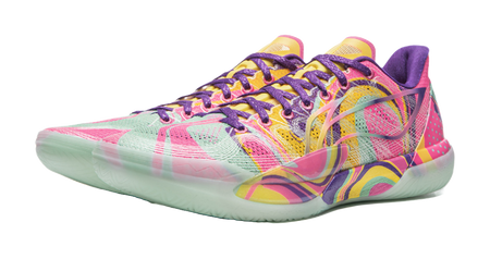 Colorful basketball shoe with purple laces, mesh upper, teal-yellow accents, mint sole.