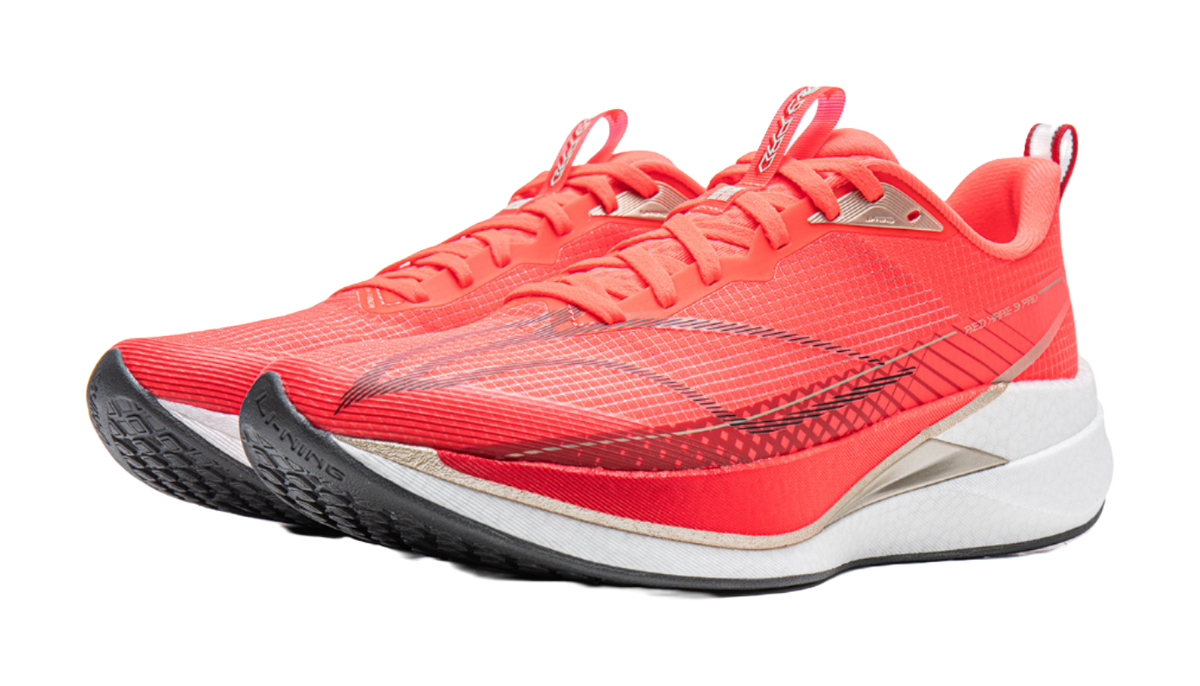 Li-Ning red running shoe with black accent stripe, white midsole, and sculpted outsole