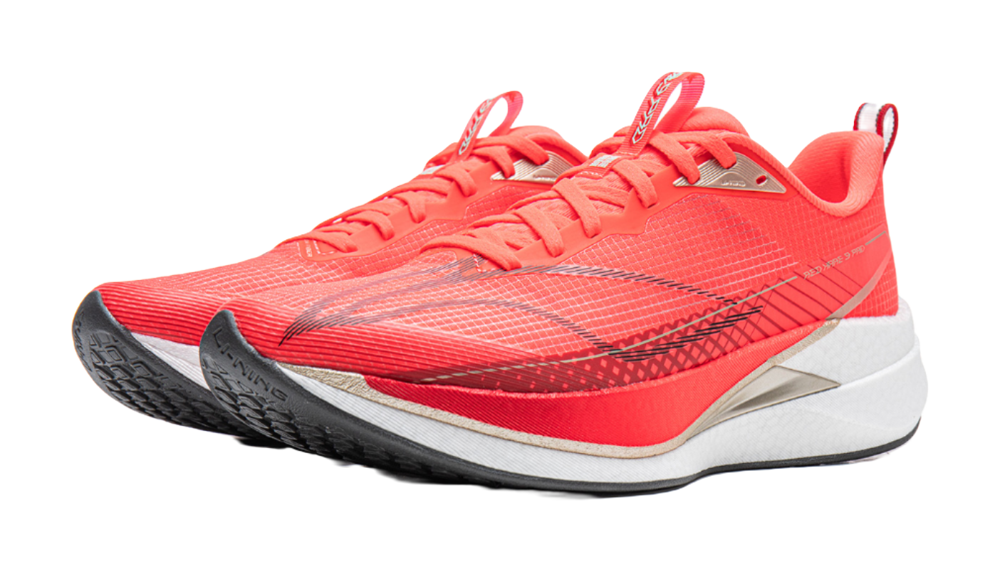 Li-Ning red running shoe with black accent stripe, white midsole, and sculpted outsole