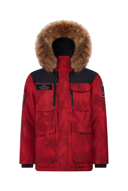 Red down jacket with faux-fur hood, front zip, and flap pockets.