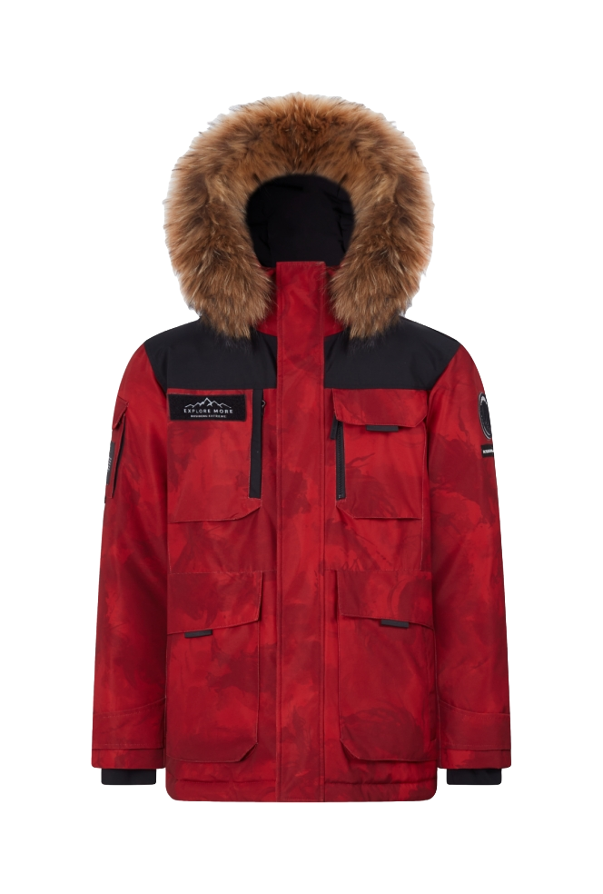 Red down jacket with faux-fur hood, front zip, and flap pockets.