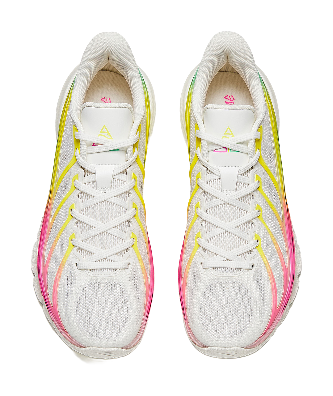 Pair of men's low-top shoes, white mesh uppers with lace-up and multicolor trims around toe.