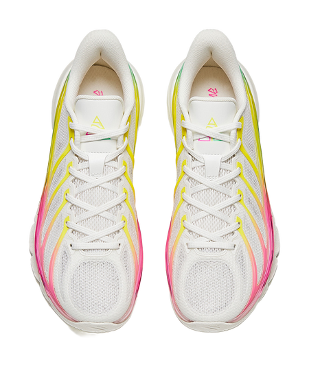 Pair of men's low-top shoes, white mesh uppers with lace-up and multicolor trims around toe.