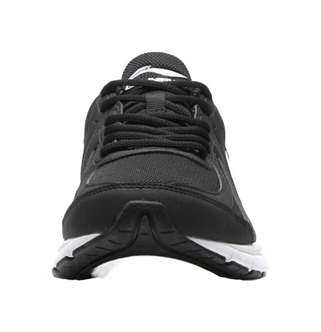 Lightweight mesh running shoe, black lace-up front with white trim and cushioned sole