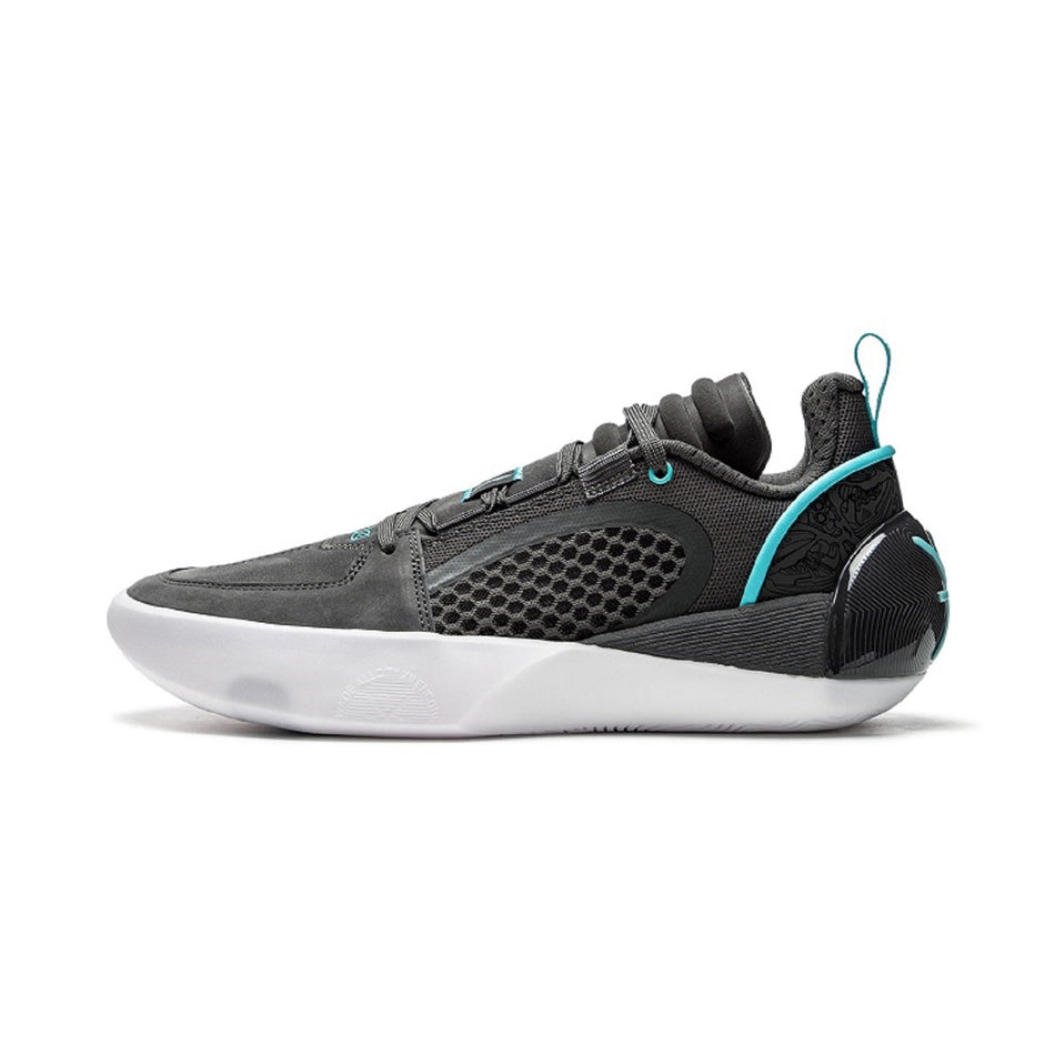 Men's basketball shoe, dark charcoal with teal accents and white outsole