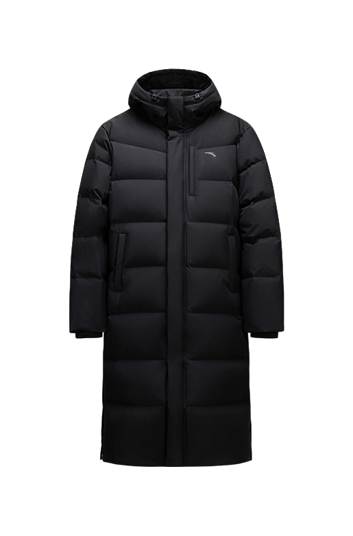 Unisex black long down puffer jacket with hood and center-front zipper