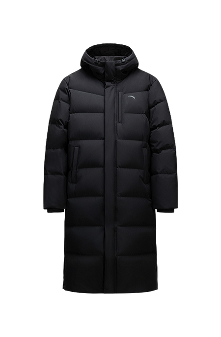 Unisex black long down puffer jacket with hood and center-front zipper