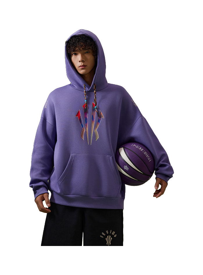 Purple unisex pullover hoodie sweatshirt on model, front view with colorful chest graphic