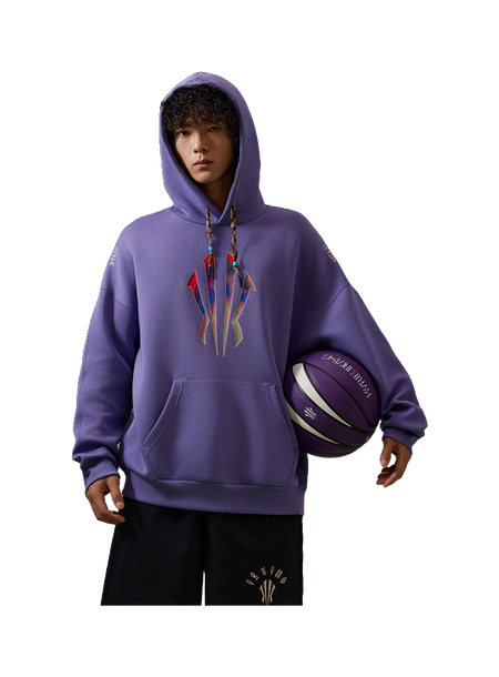 Purple unisex pullover hoodie sweatshirt on model, front view with colorful chest graphic