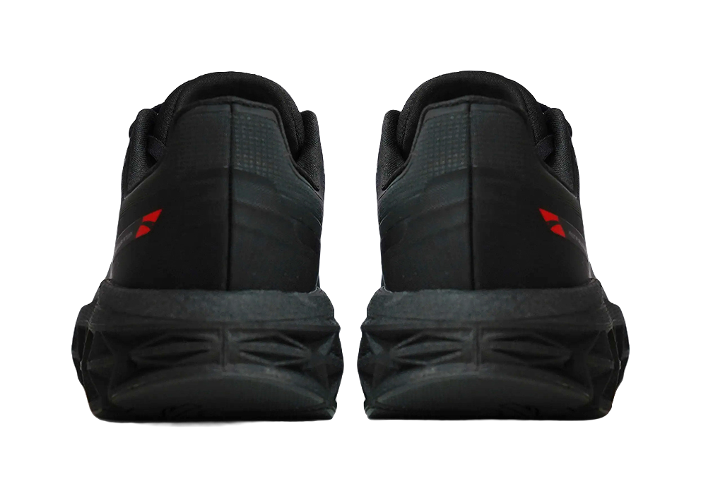 Men's black running shoes with red heel branding and thick midsole cushioning.