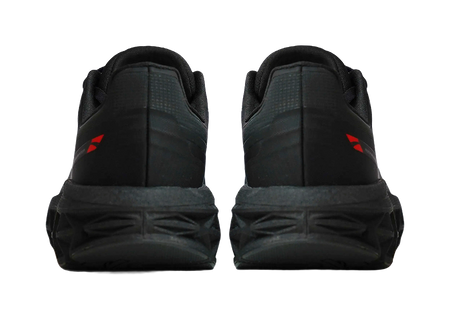 Men's black running shoes with red heel branding and thick midsole cushioning.