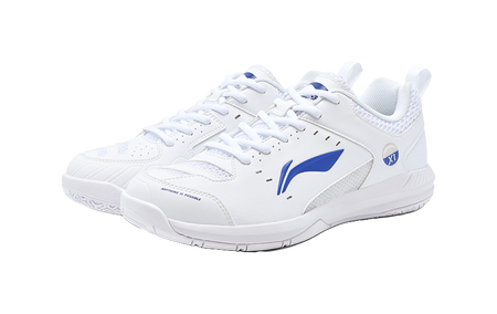 Pair of white badminton shoes with blue logo, lace-up and perforated trim