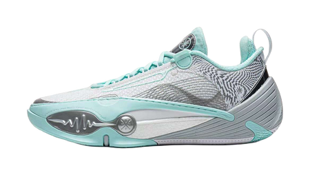Unisex basketball shoe with mint-green and blue-gray mesh upper, lace-up, low profile.
