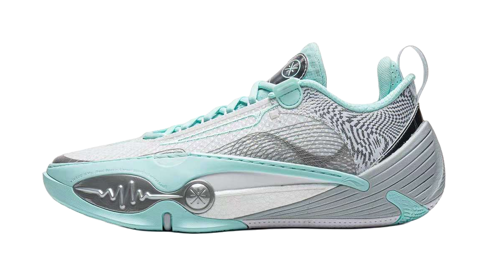 Unisex basketball shoe with mint-green and blue-gray mesh upper, lace-up, low profile.