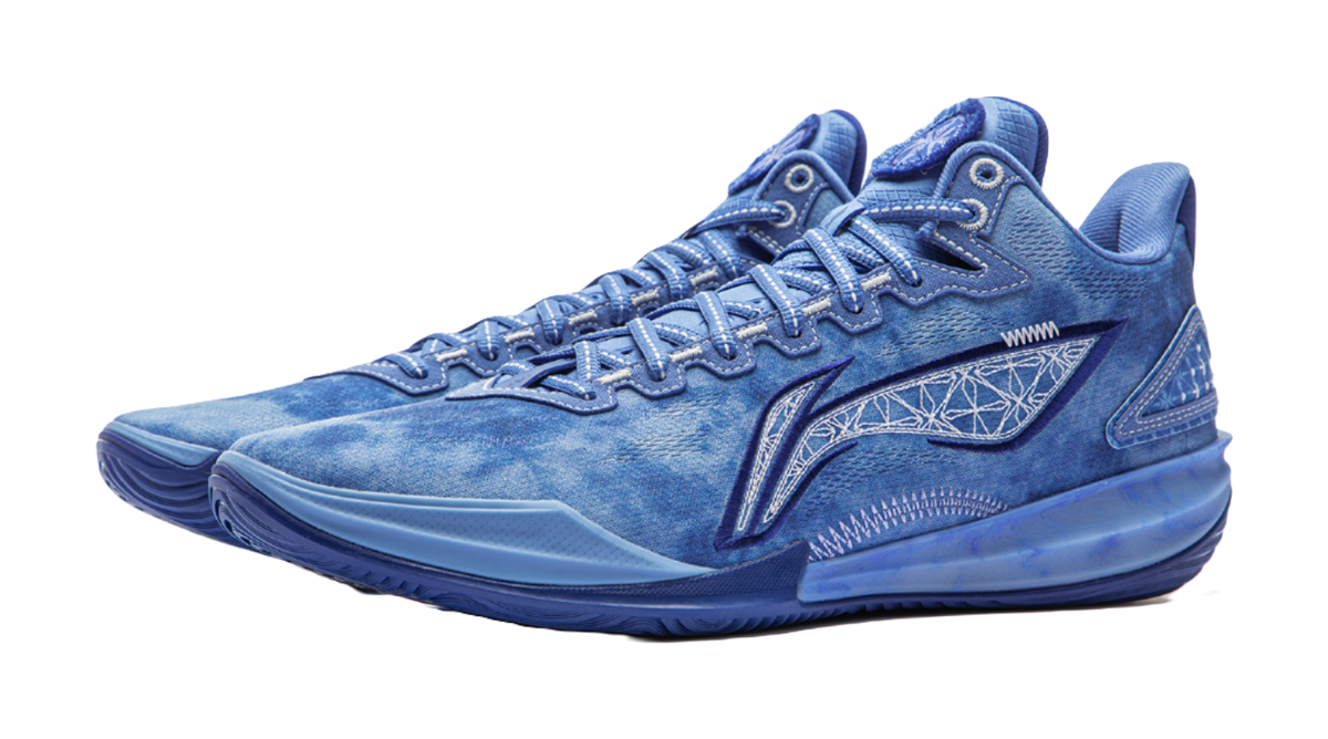 Men's low-top basketball shoes in sky blue, angled front view, lace-up and trim detail