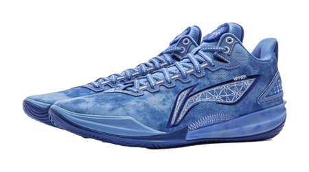 Men's low-top basketball shoes in sky blue, angled front view, lace-up and trim detail