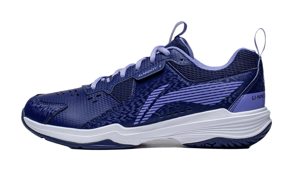 Li-Ning badminton shoe in navy blue with light purple laces and white midsole