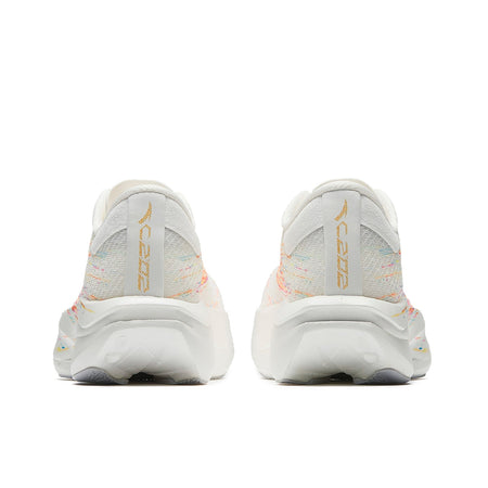 Women's running shoes, heel view with gold logo accents and multicolor speckled panels