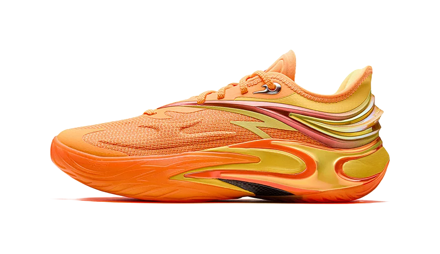 Orange basketball shoe with neon-yellow overlays and layered outsole