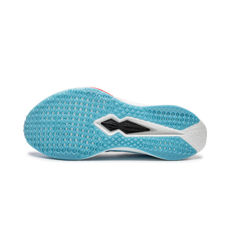 Men's running shoes outsole, light blue traction tread with black logo detail.