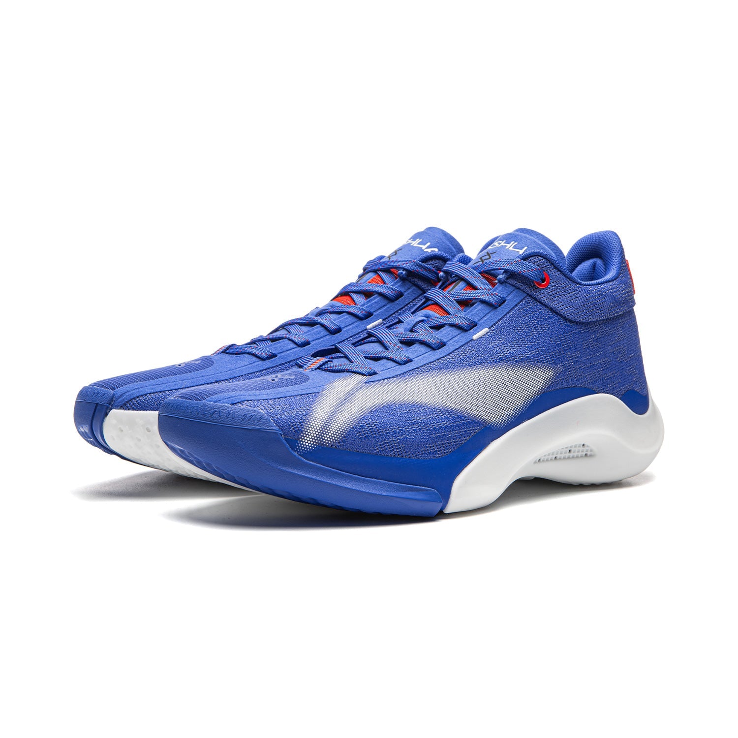 Blue basketball shoes with silver side panel and white outsole, lace-up design