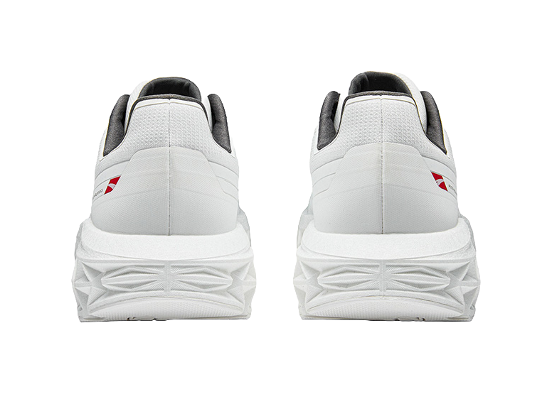 Mens low-top running shoes, white heel with black collar and gray back tab
