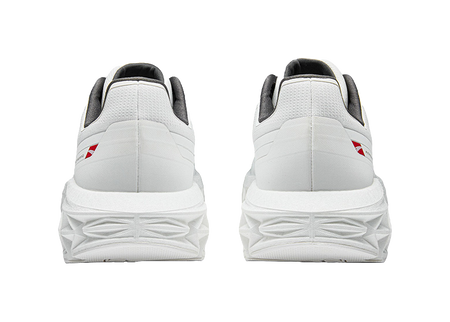 Mens low-top running shoes, white heel with black collar and gray back tab