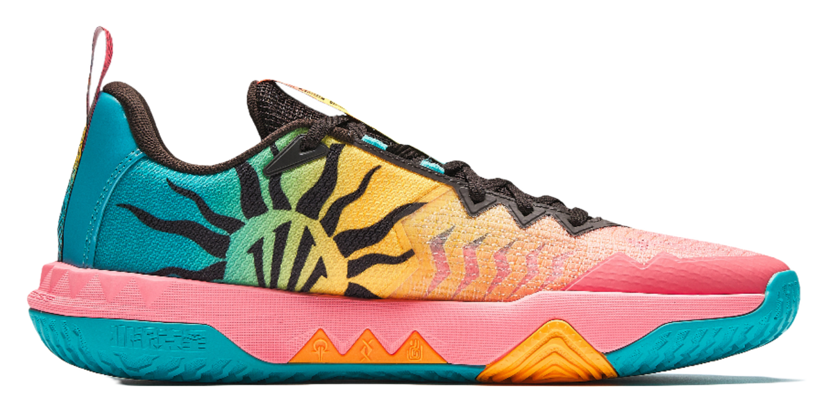 Anta KAI 2 Team basketball shoe side view, pink and teal with orange accents