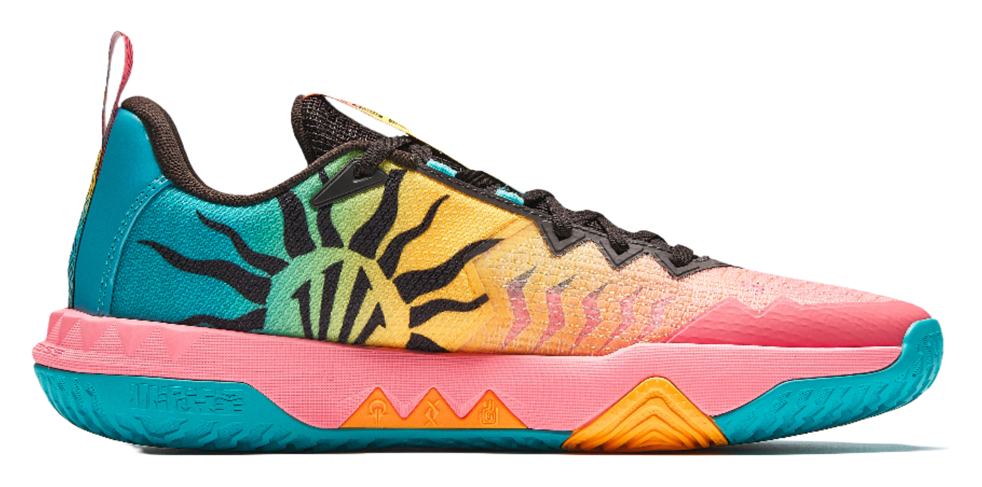 Anta KAI 2 Team basketball shoe side view, pink and teal with orange accents