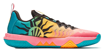 Anta KAI 2 Team basketball shoe side view, pink and teal with orange accents