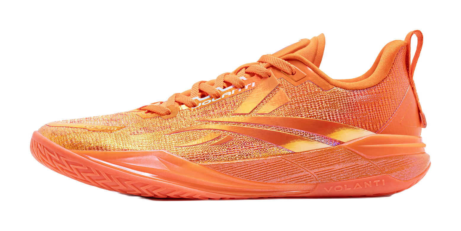 Low top basketball shoes in orange with subtle speckled pattern, lace-up style.