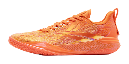 Low top basketball shoes in orange with subtle speckled pattern, lace-up style.