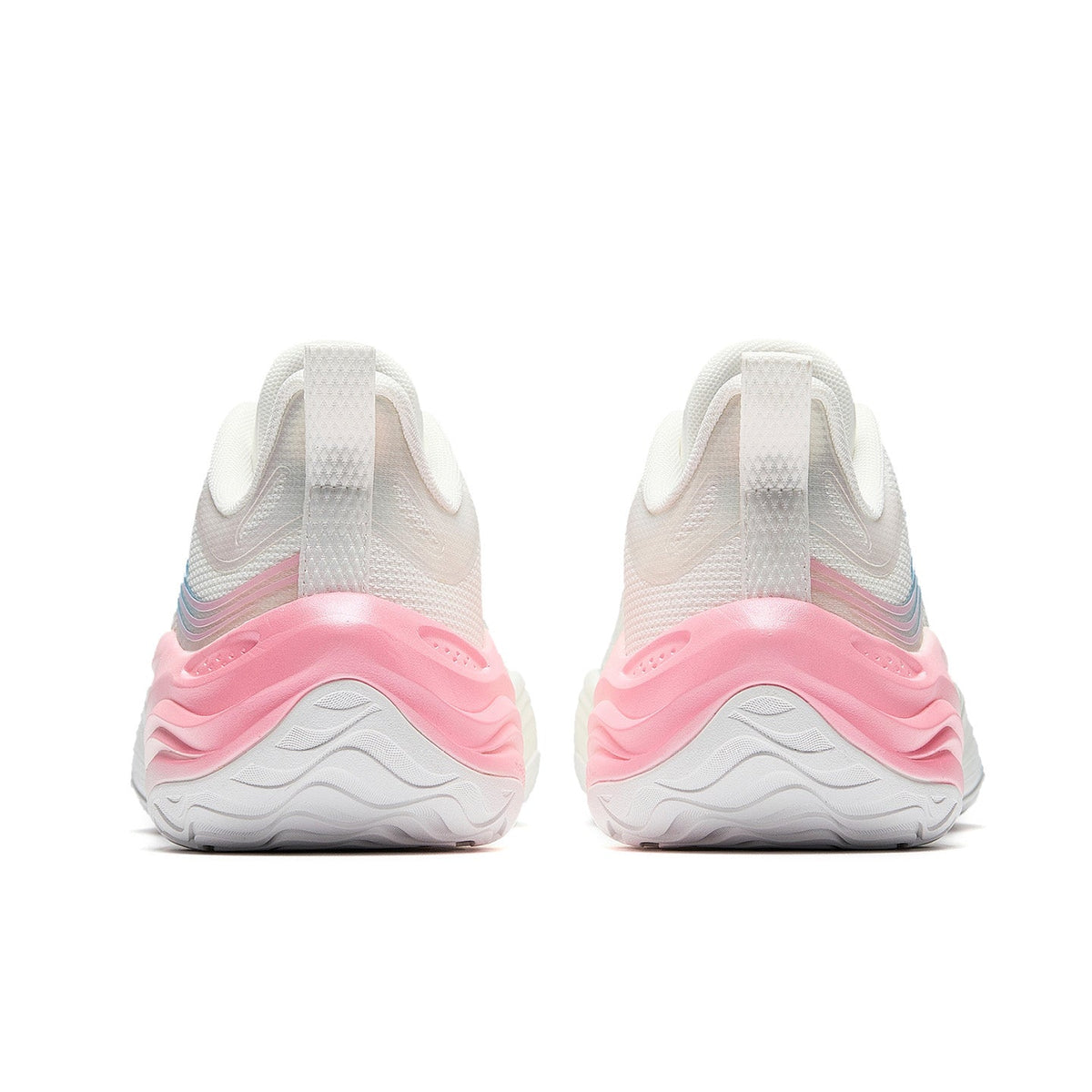 Pair of white basketball shoes with blue striping and pink rear cushioning, lace-up