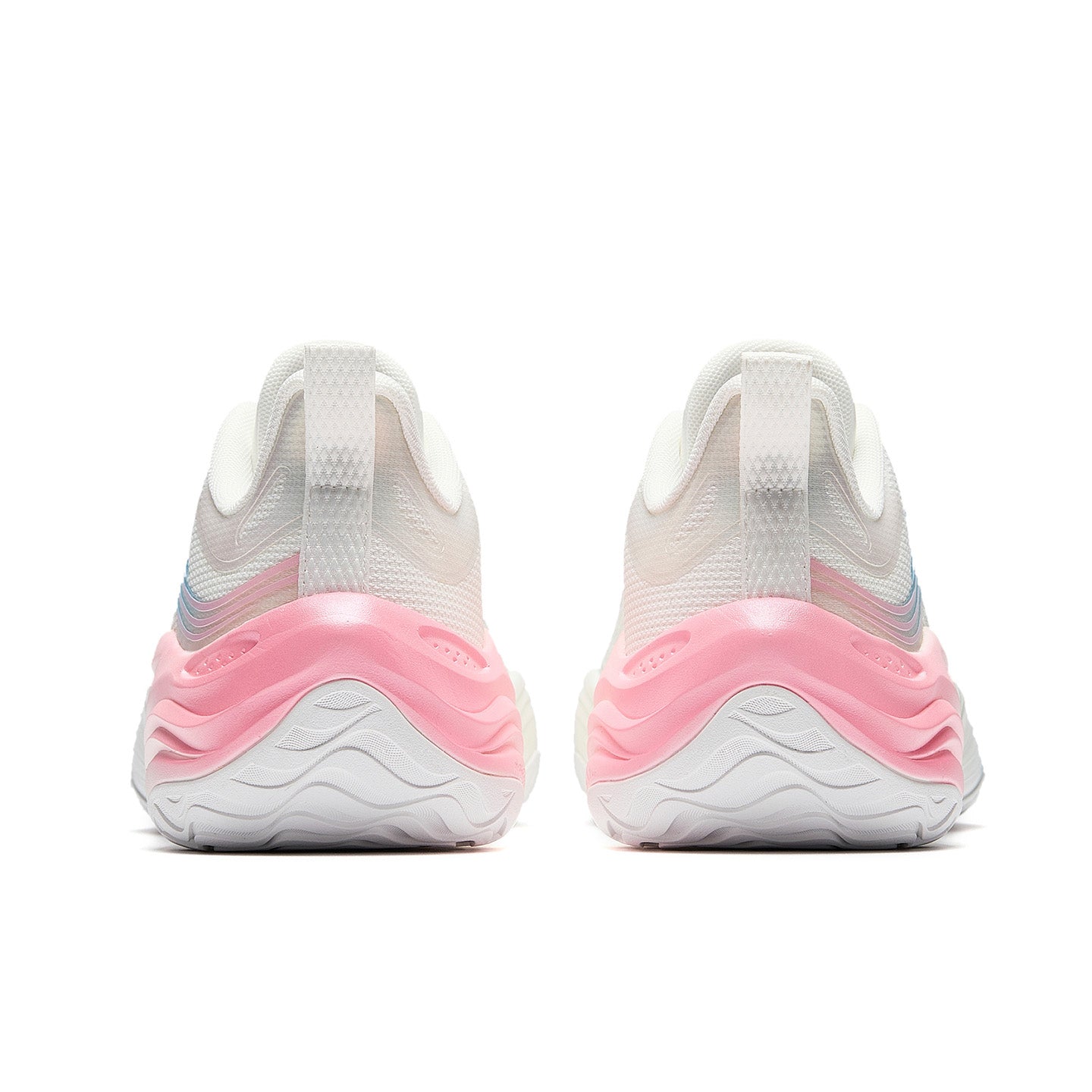 Pair of white basketball shoes with blue striping and pink rear cushioning, lace-up
