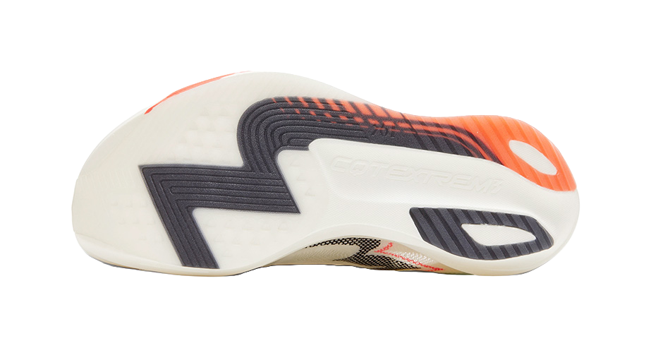 Unisex low running shoe outsole, textured tread with orange and dark logo
