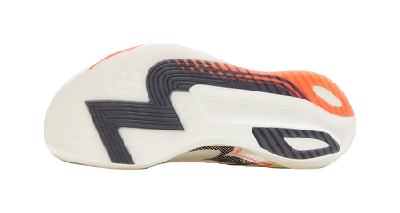 Unisex low running shoe outsole, textured tread with orange and dark logo
