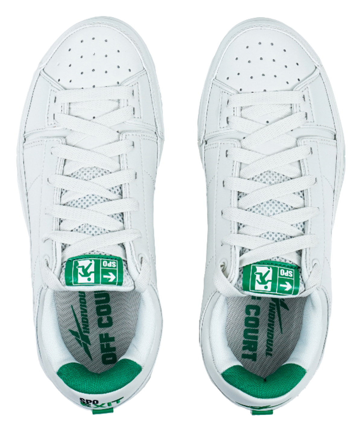 White sneakers with lace-up vamp, perforated toe, and green insole graphics