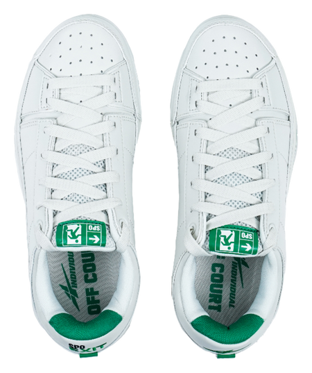 White sneakers with lace-up vamp, perforated toe, and green insole graphics