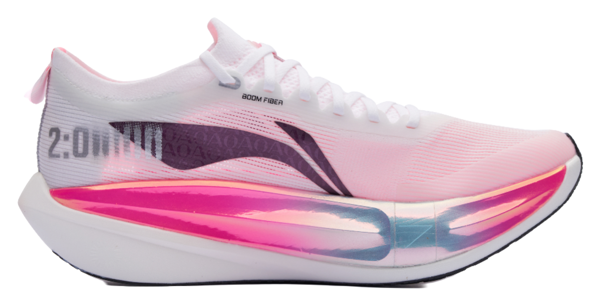 White and pink low running shoe with laces, black logo stripe, and AOA branding