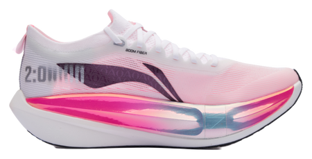 White and pink low running shoe with laces, black logo stripe, and AOA branding
