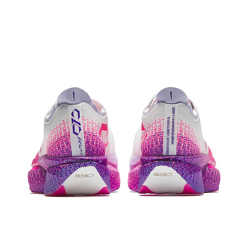 Women's marathon racing shoe heel, white with purple speckle and pink accent