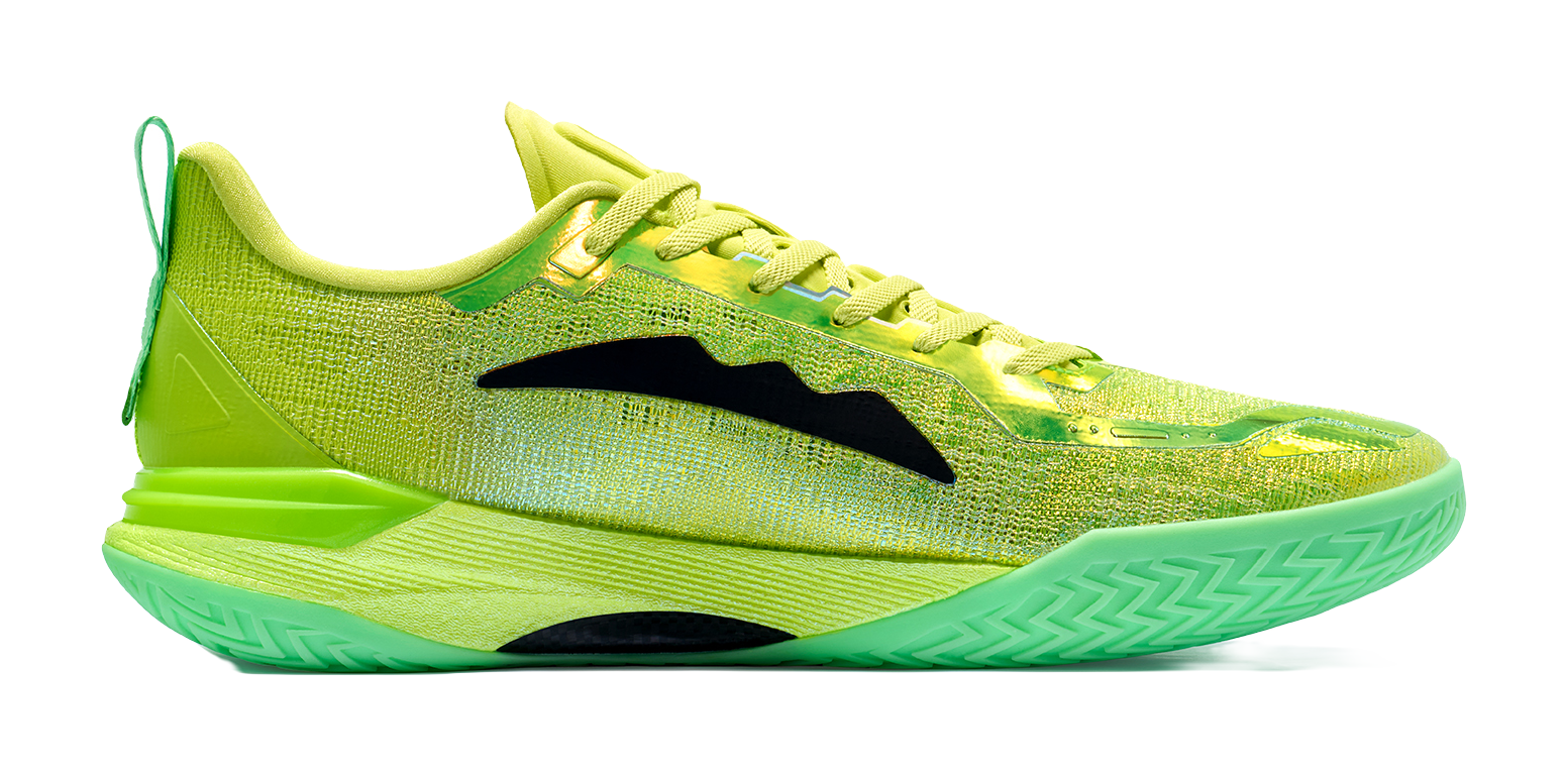 Low top basketball shoes in neon green with black logo stripe, lace-up.