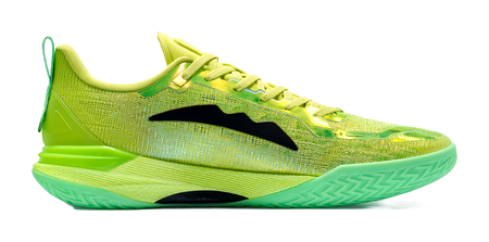 Low top basketball shoes in neon green with black logo stripe, lace-up.