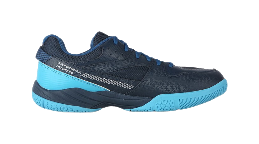 Unisex badminton shoe side view: dark blue upper with light blue sole and laces.