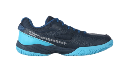 Unisex badminton shoe side view: dark blue upper with light blue sole and laces.
