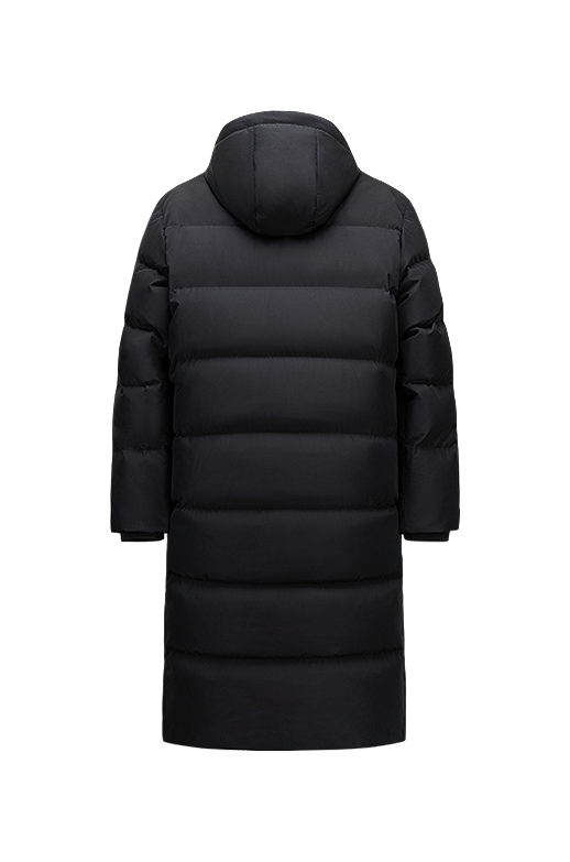 Unisex black long down puffer jacket with hood and quilted baffles