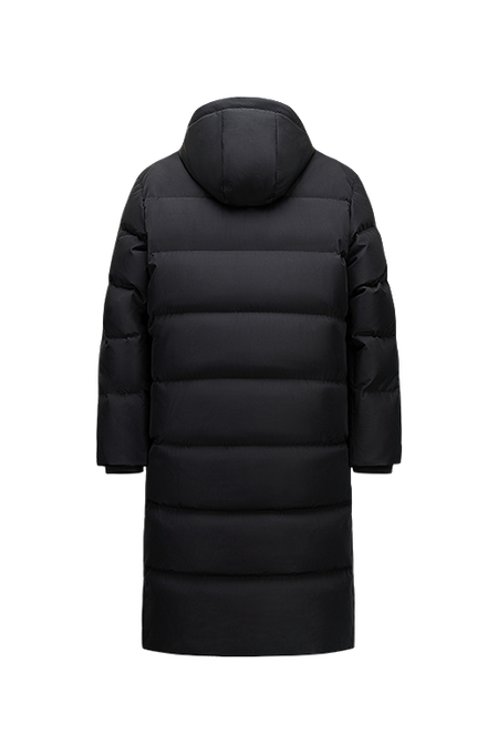 Unisex black long down puffer jacket with hood and quilted baffles