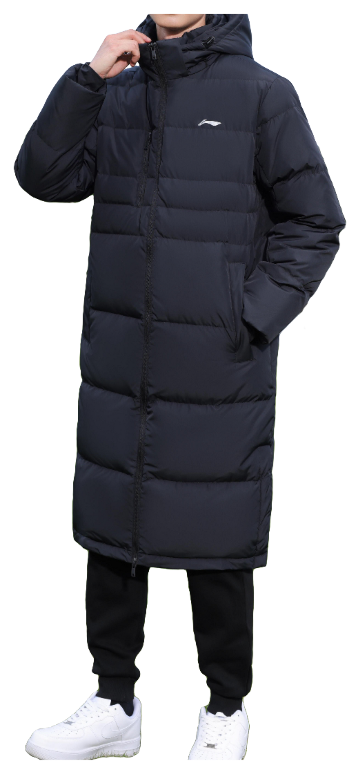 Men's black long puffer down jacket with hood, quarter profile, zip front
